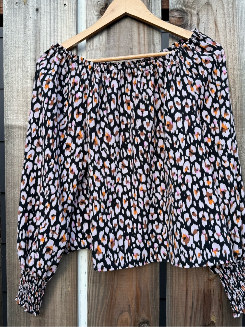 Sanctuary Blouse XS Black Leopard Print Off Shoulder Long Sleeve Smocked Cuffs